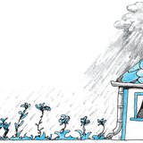 A tetőcserepekről, az ereszről ömlött a kertre az eső